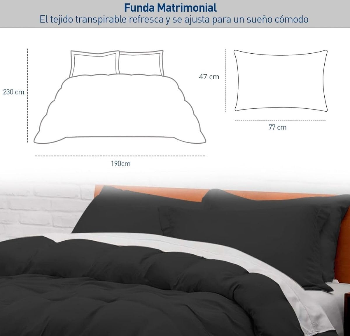 Juego de Funda Duvet para Edredon Matrimonial con Cierre de Botones y 2 Fundas de Almohada, Negro, Bluelander