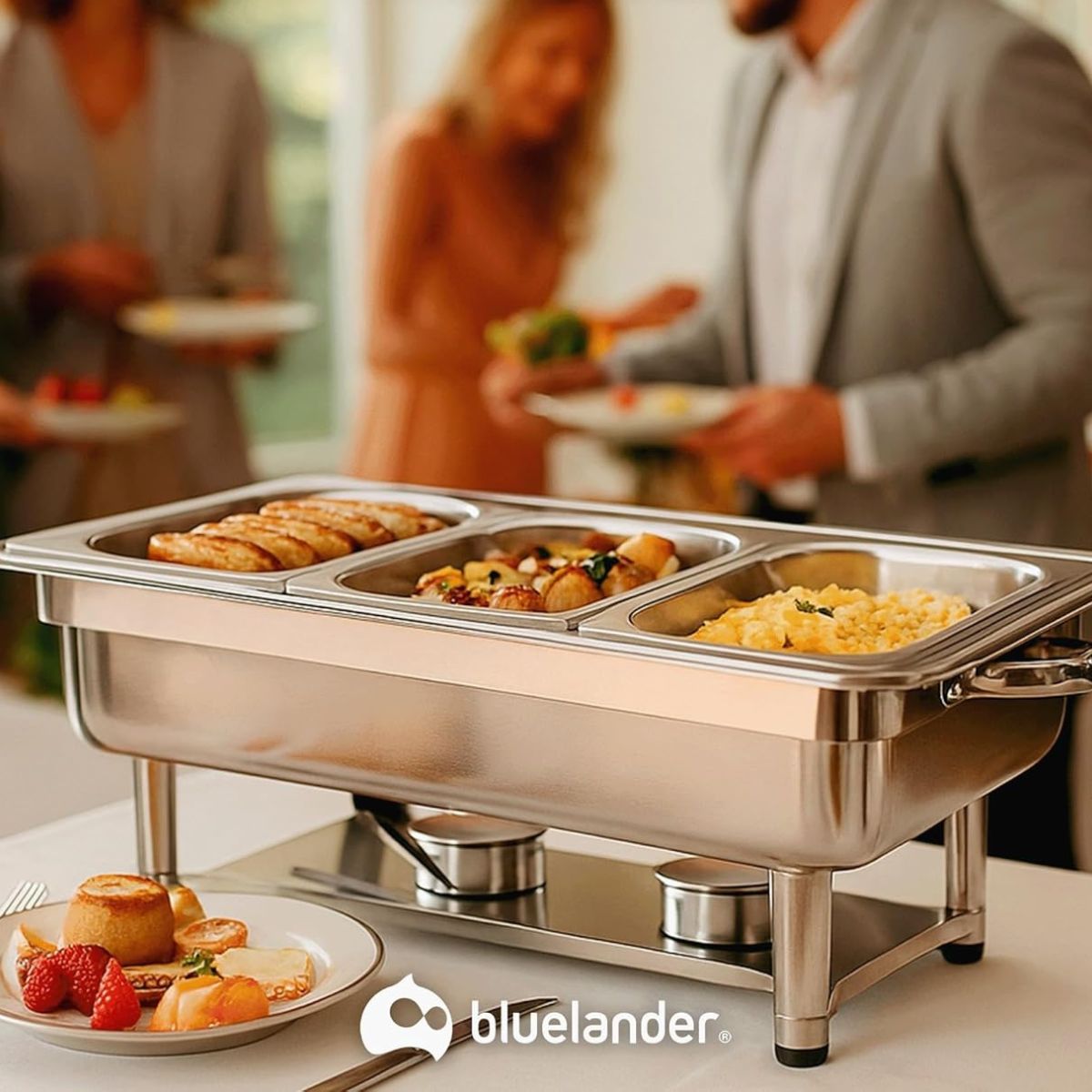 Buffetera de 3 Compartimentos con Charolas y 2 Quemadores de Acero Inoxidable, Bluelander 