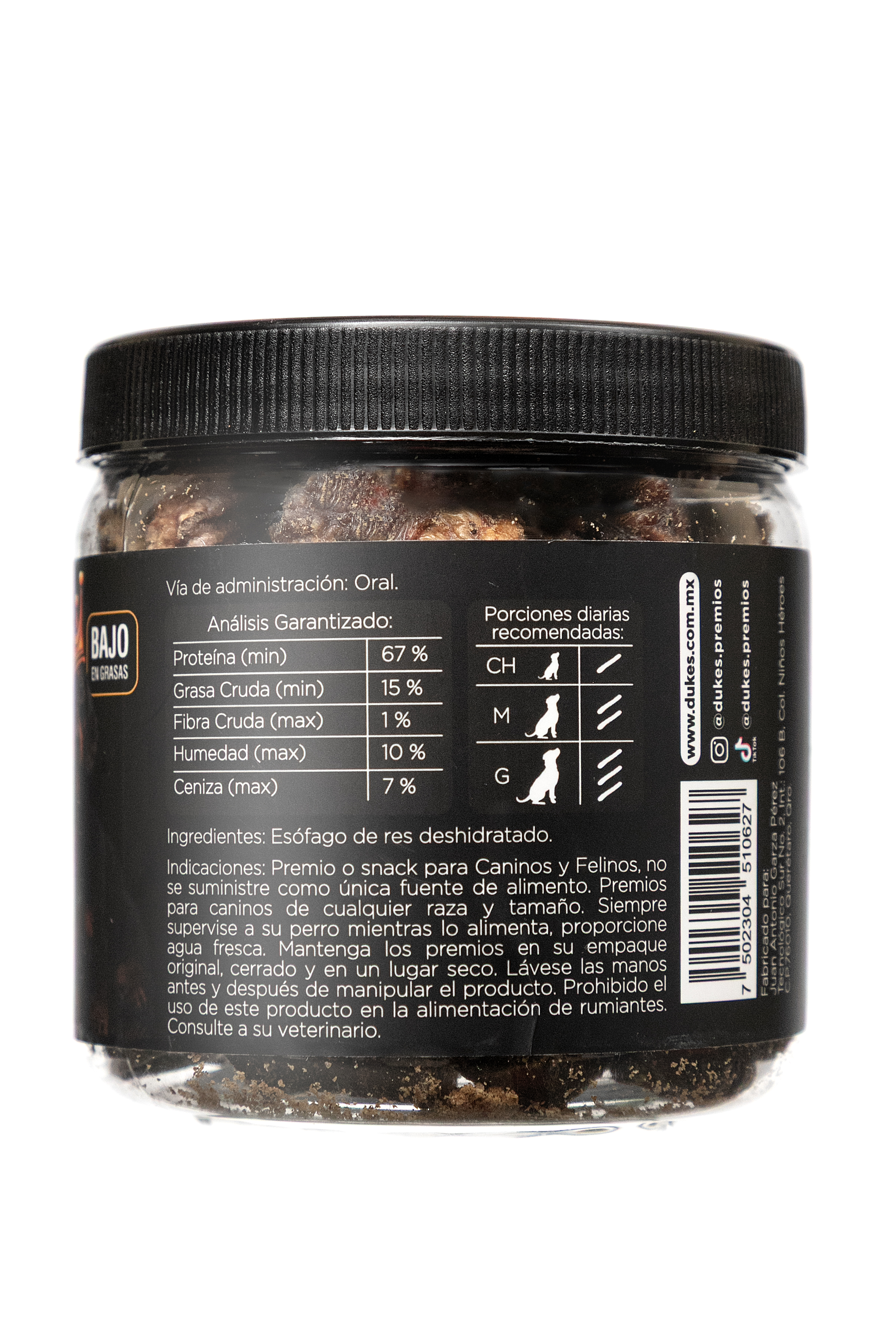 DUKE'S Premios para Perros Esófago Res 130g Proteina Premium 100% Naturales Sin Conservadores