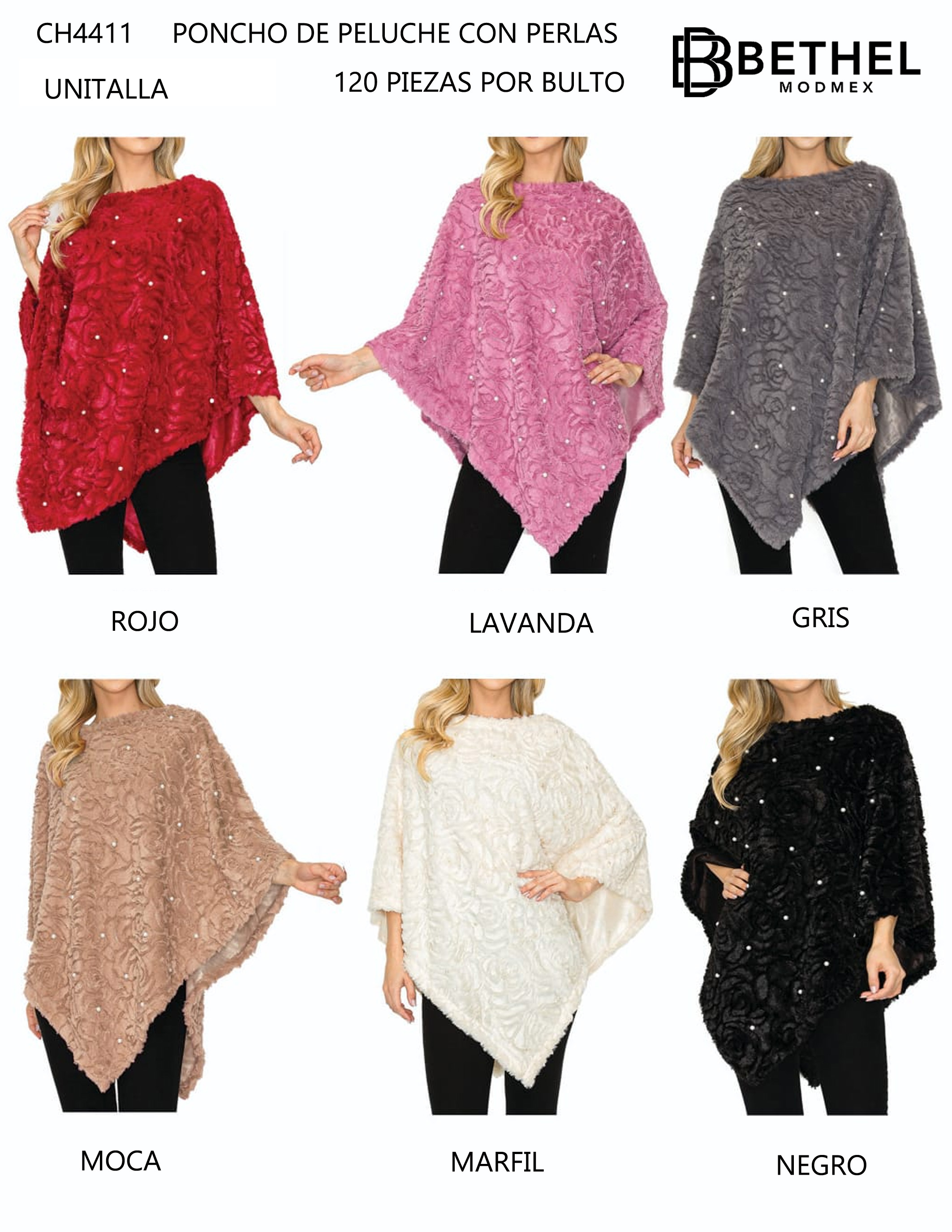 PAQUETE 6 PIEZAS PONCHO DE PELUCHE CON PERLAS 