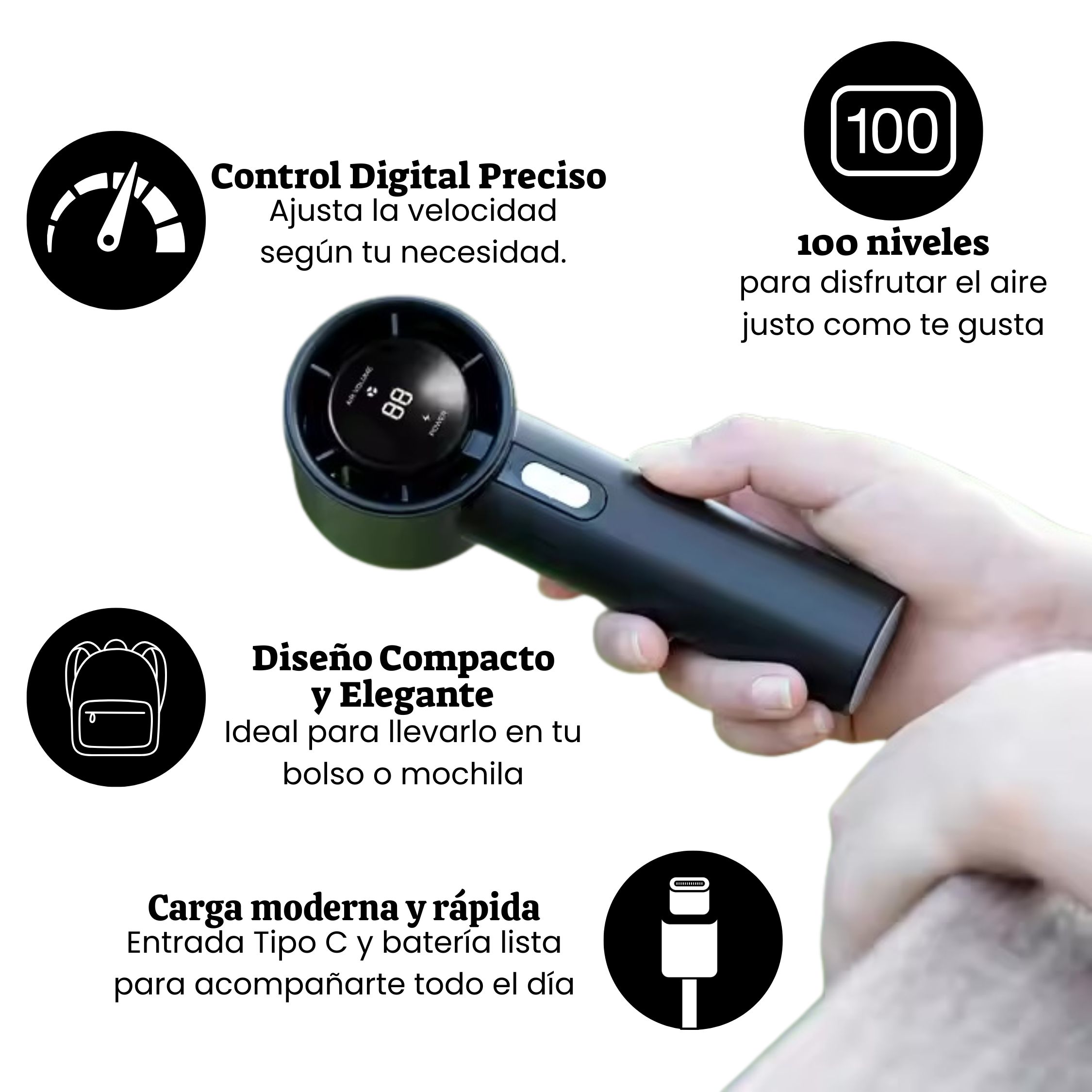 Ventilador portátil mini tipo torre recargable de 5 velocidades silenciosas de 25dB y con batería de 3 horas (3000mAh) 