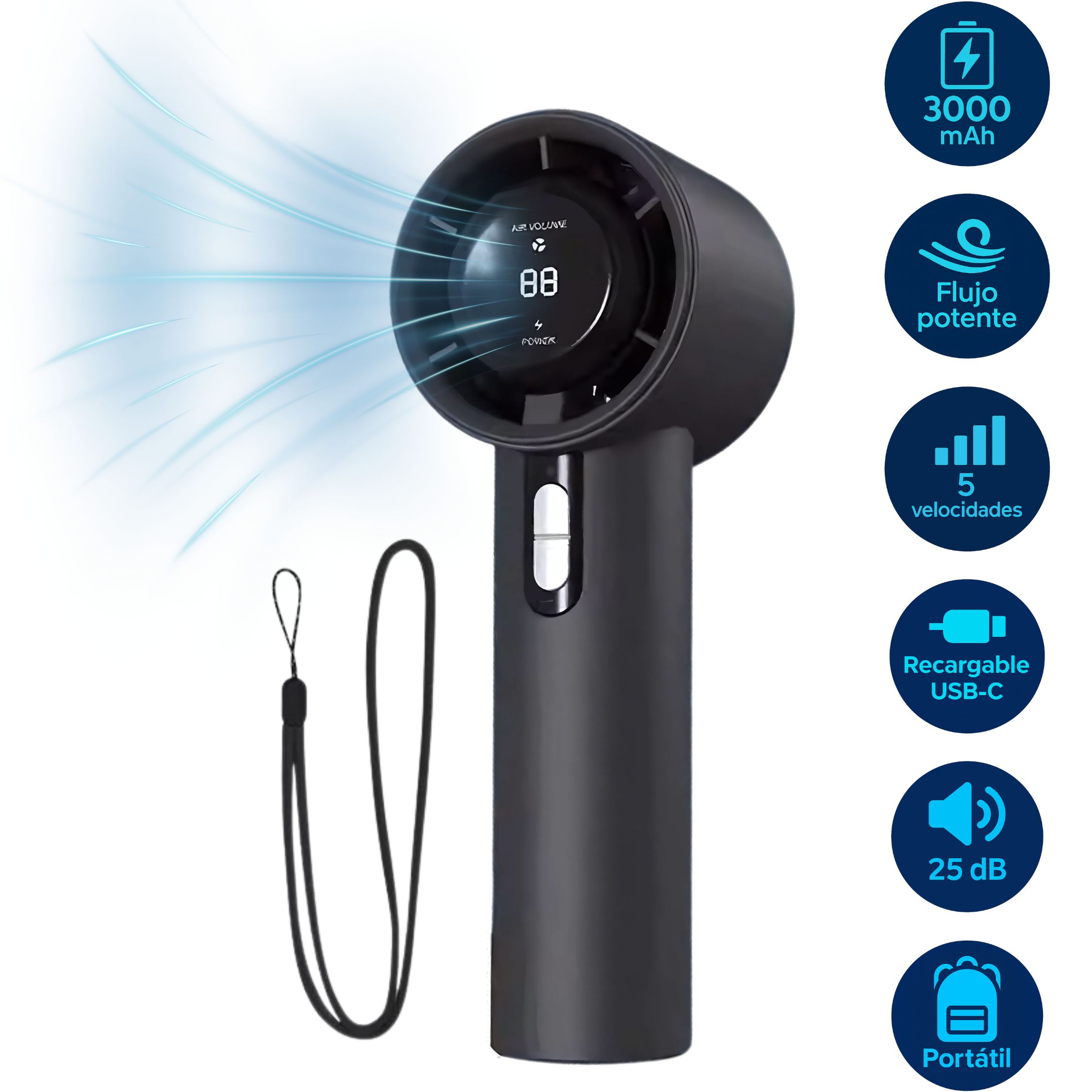 Ventilador portátil mini tipo torre recargable de 5 velocidades silenciosas de 25dB y con batería de 3 horas (3000mAh) 