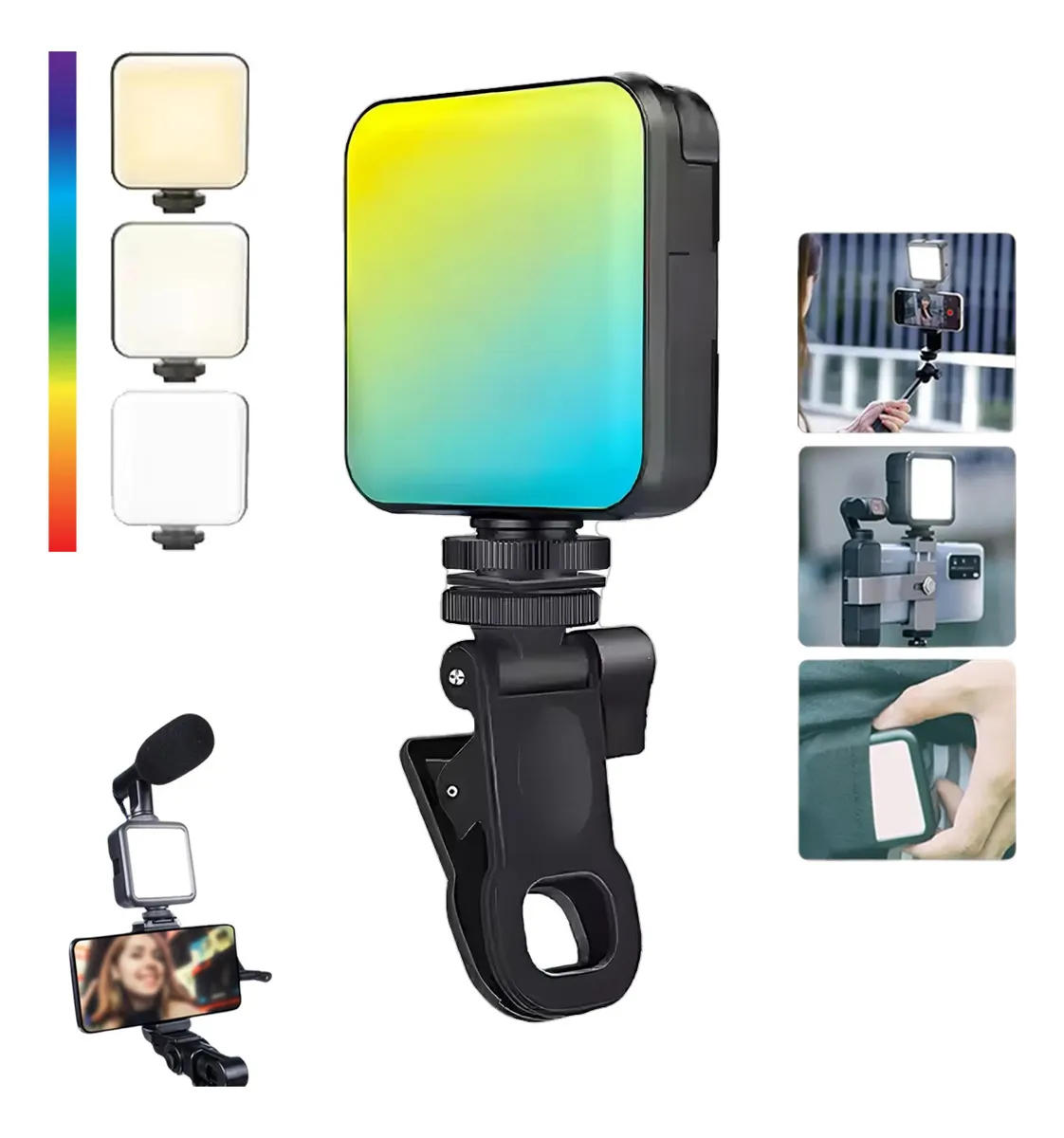 Lámpara LED RGB portátil recargable por USB con clip para celular, luz ajustable ideal para fotografía video