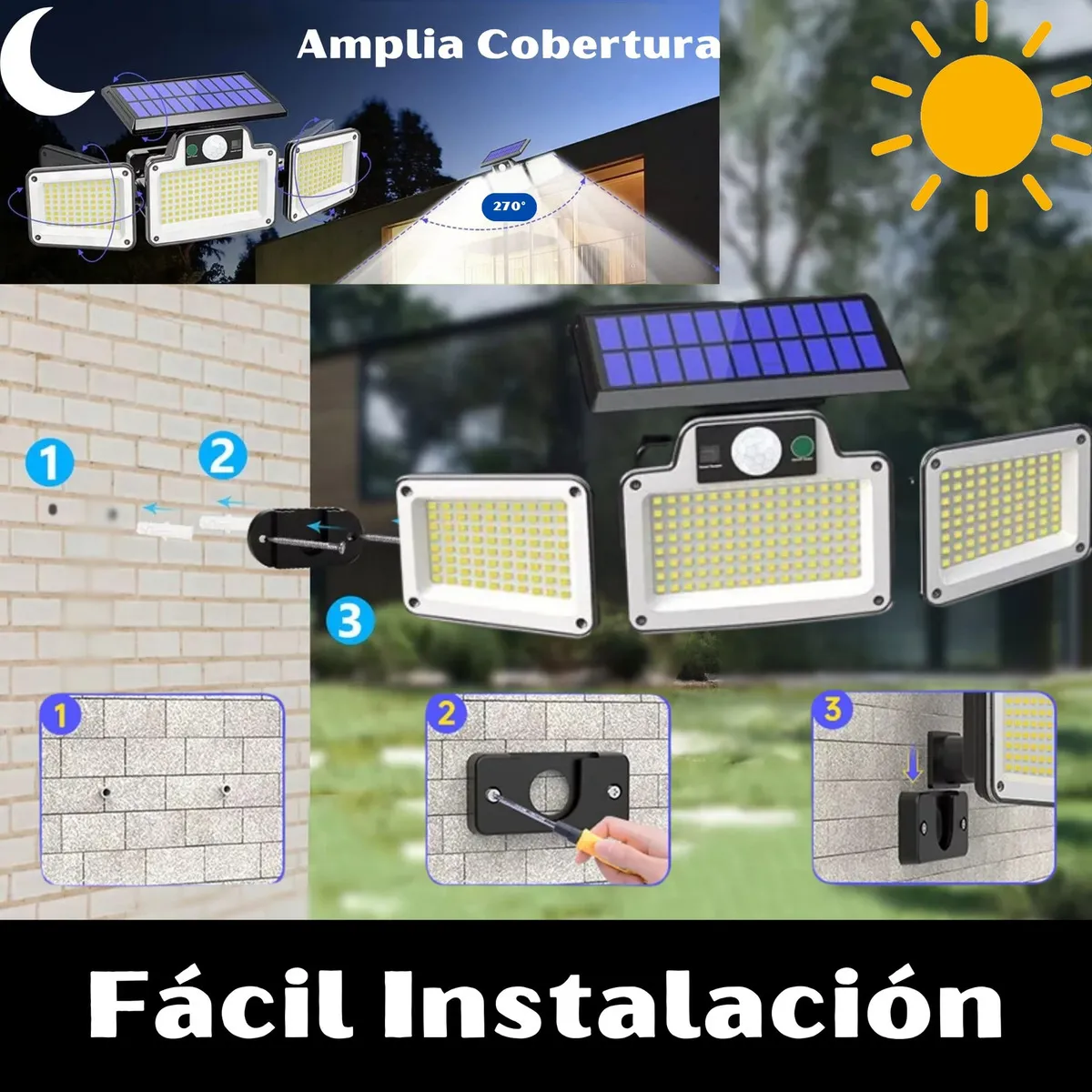 Lámpara Solar Exterior con sensor de movimiento, 3 modos de iluminación, recargable con energía solar e impermeable IP65