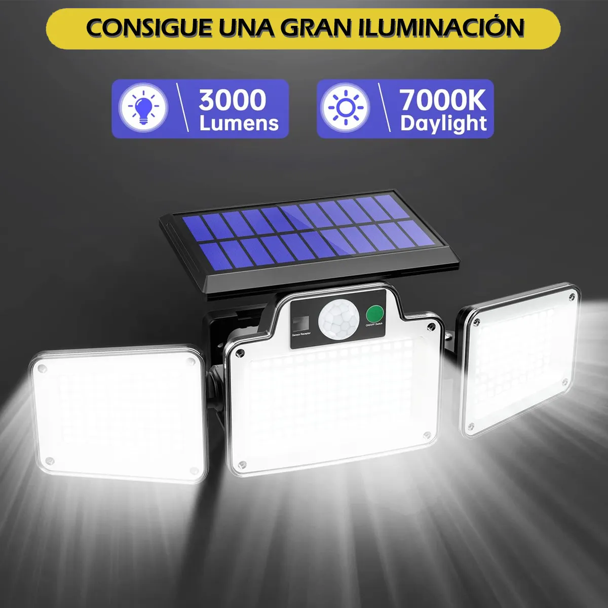 Lámpara Solar Exterior con sensor de movimiento, 3 modos de iluminación, recargable con energía solar e impermeable IP65