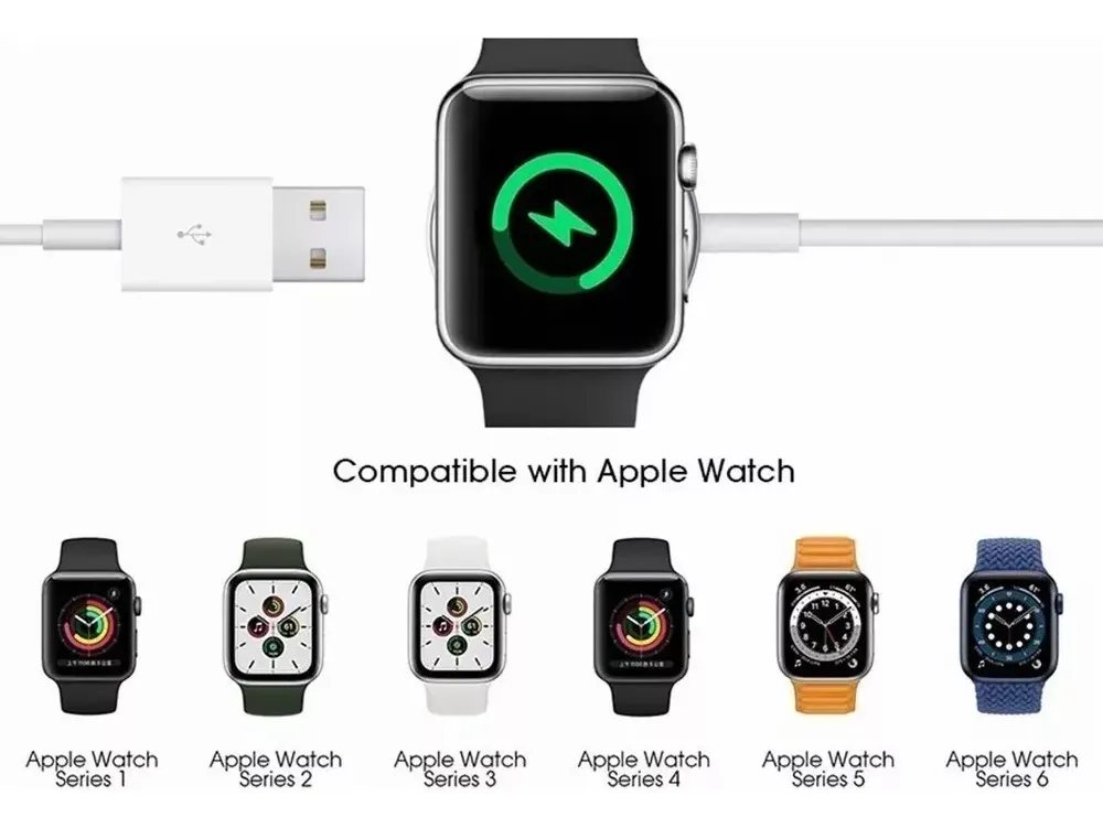 Cargador Magnético USB Para Reloj Inteligente de 1 metro color Blanco compatible con Apple Watch Serie 6 5 4 3 2 Se.