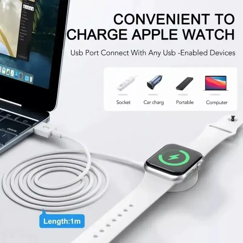Cargador Magnético USB Para Reloj Inteligente de 1 metro color Blanco compatible con Apple Watch Serie 6 5 4 3 2 Se.