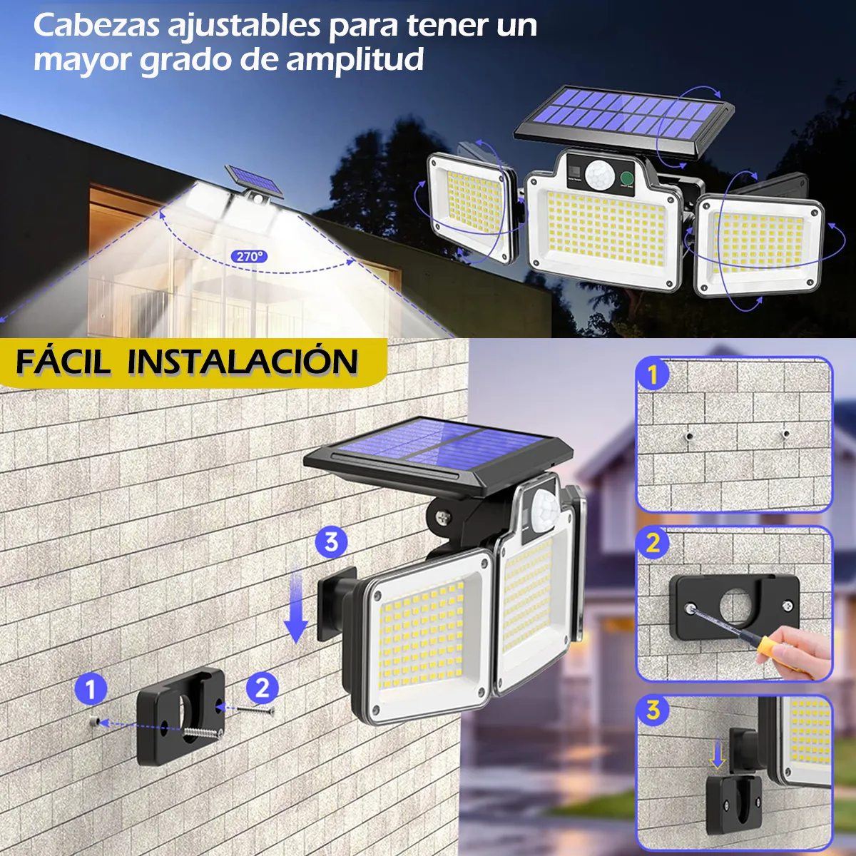 Lámpara Solar Exterior con sensor de movimiento, 3 modos de iluminación, recargable con energía solar e impermeable IP65