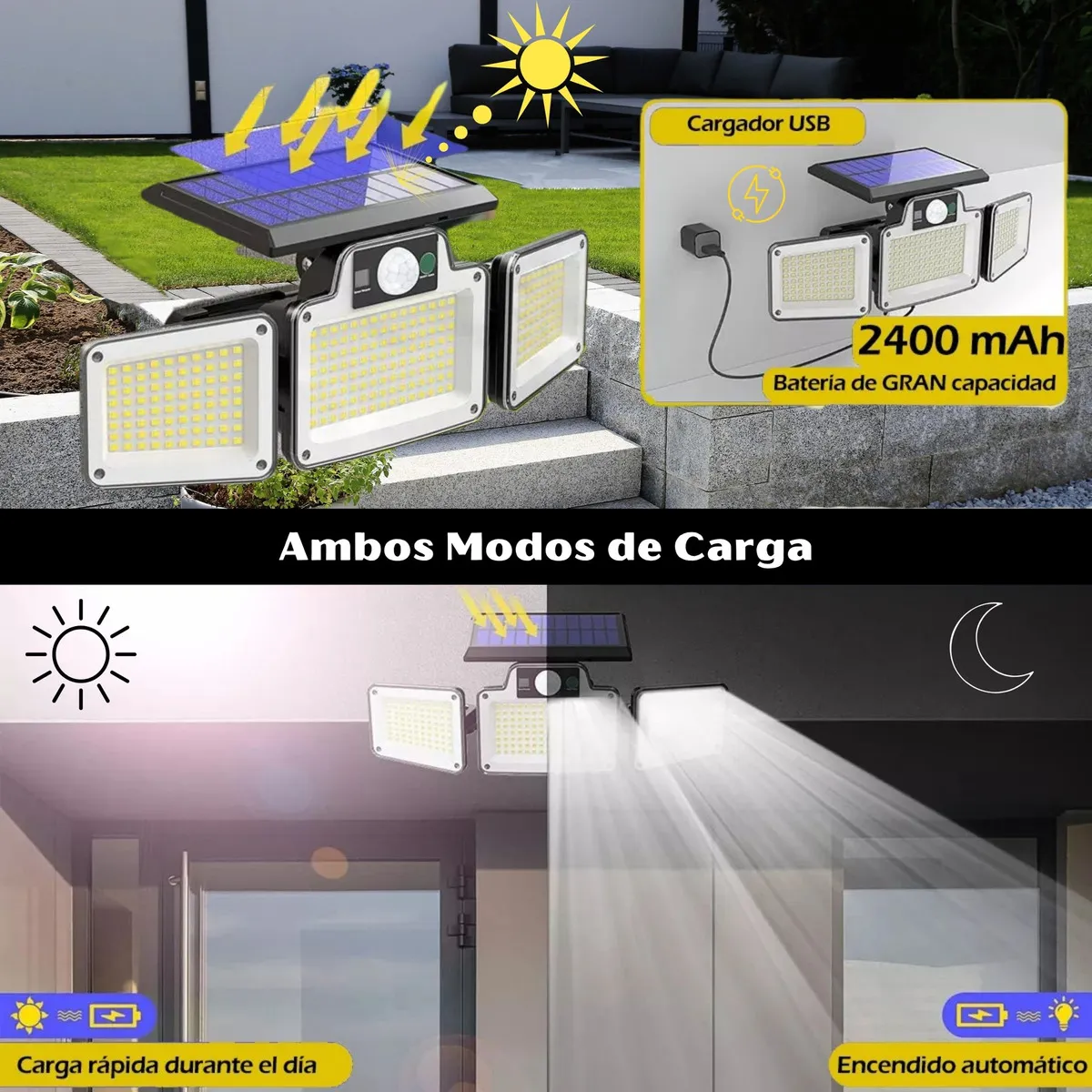 Lámpara Solar Exterior con sensor de movimiento, 3 modos de iluminación, recargable con energía solar e impermeable IP65