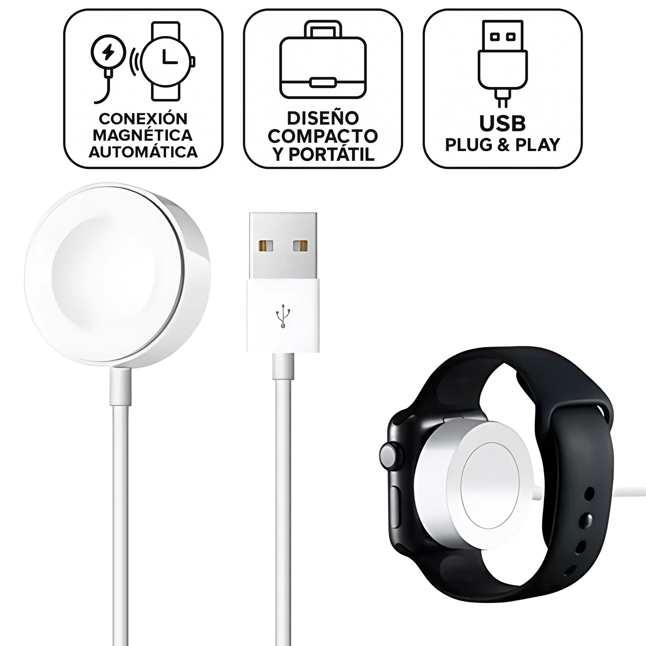 Cargador Magnético USB Para Reloj Inteligente de 1 metro color Blanco compatible con Apple Watch Serie 6 5 4 3 2 Se.