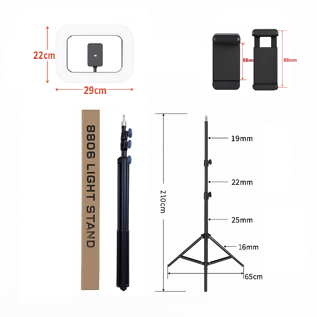 Aro De Luz Led Rectangular Recargable 3 Tonos con Trípode 2.1m Ajustable Profesional y Soporte Celular