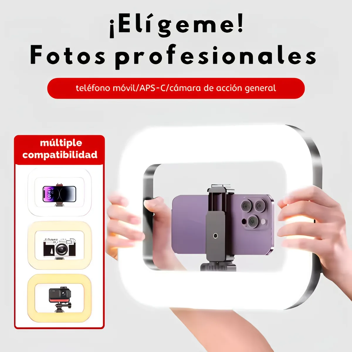 Aro De Luz Led Rectangular Recargable 3 Tonos con Trípode 2.1m Ajustable Profesional y Soporte Celular