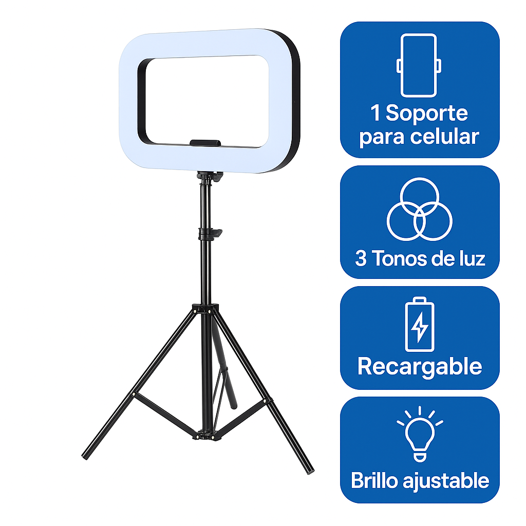 Aro De Luz Led Rectangular Recargable 3 Tonos con Trípode 2.1m Ajustable Profesional y Soporte Celular