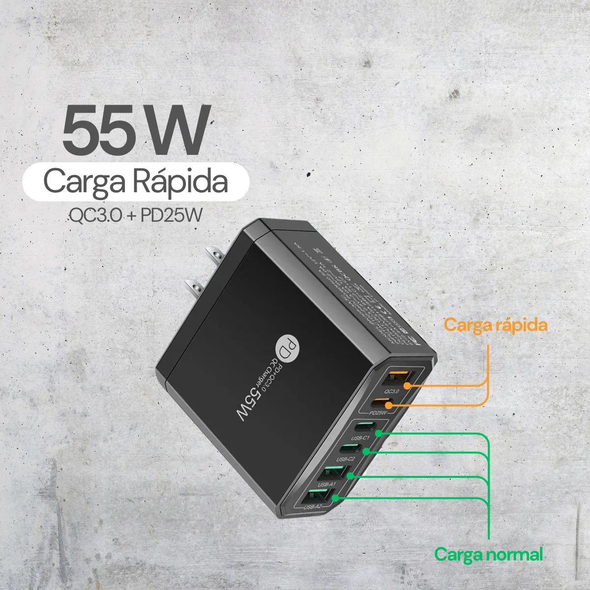 Cargador de Pared 55W con 6 Puertos Multipuerto USB-C y USB-A con Carga Rápida QC3.0 y Power Delivery