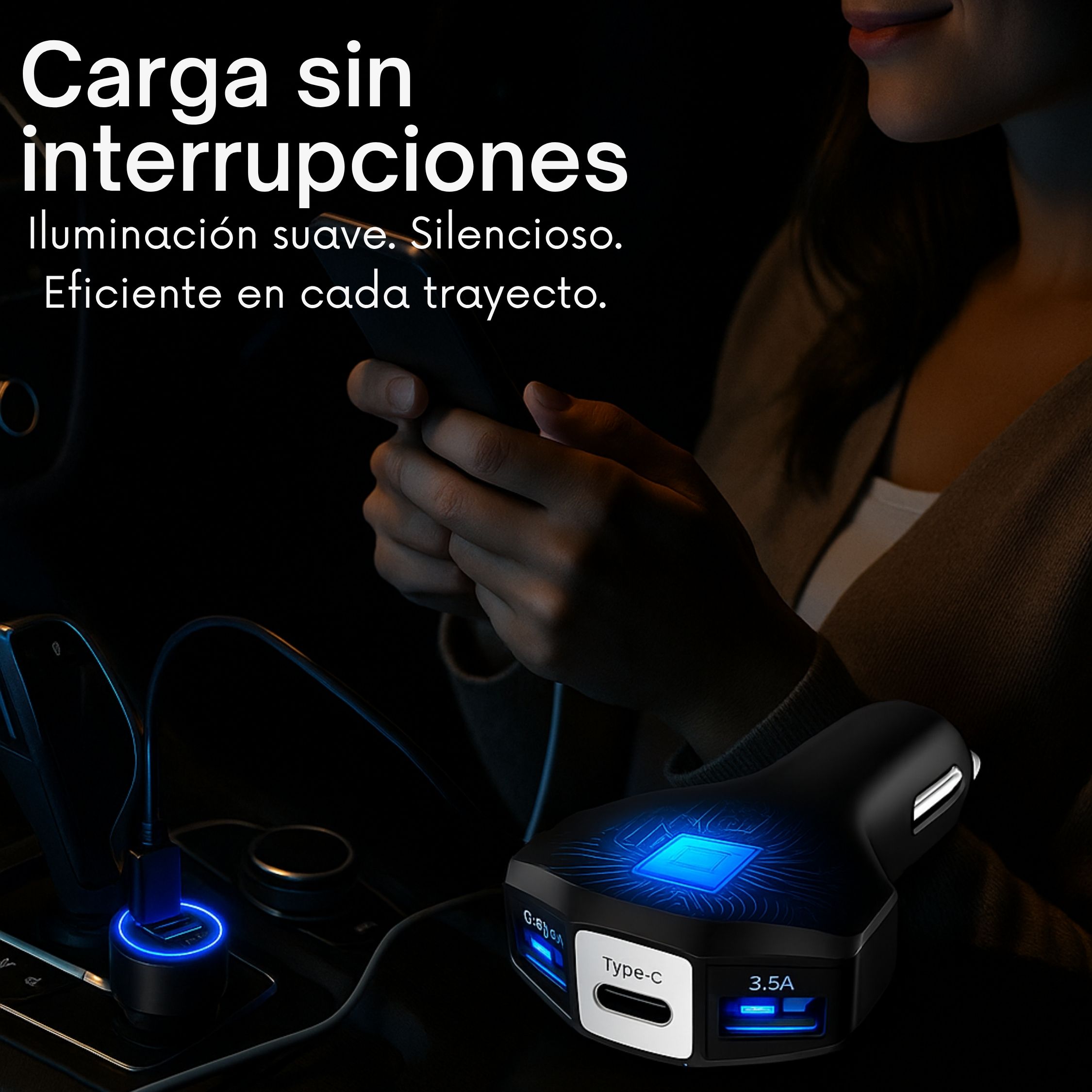 Cargador para Auto CHG-3P – Carga Rápida Turbo con 3 Salidas Tipo C, USB y Doble Toma de Corriente
