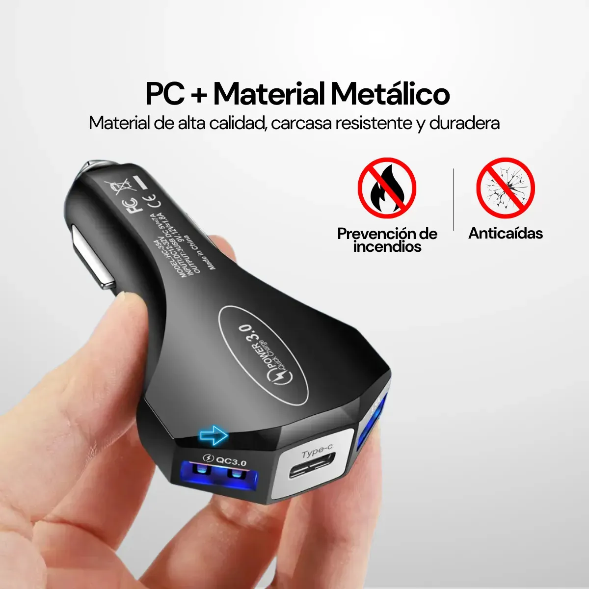 Cargador para Auto CHG-3P – Carga Rápida Turbo con 3 Salidas Tipo C, USB y Doble Toma de Corriente