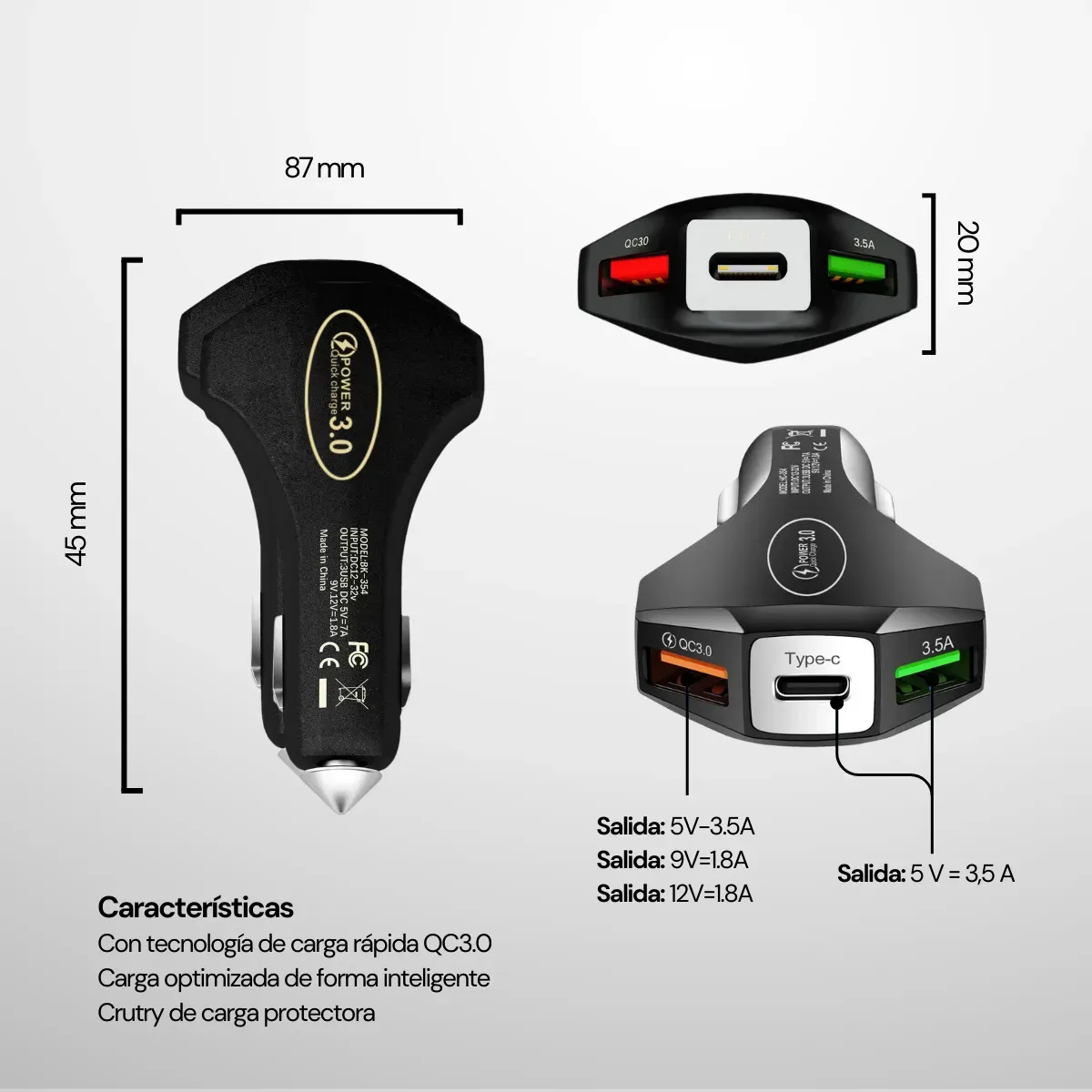 Cargador para Auto CHG-3P – Carga Rápida Turbo con 3 Salidas Tipo C, USB y Doble Toma de Corriente