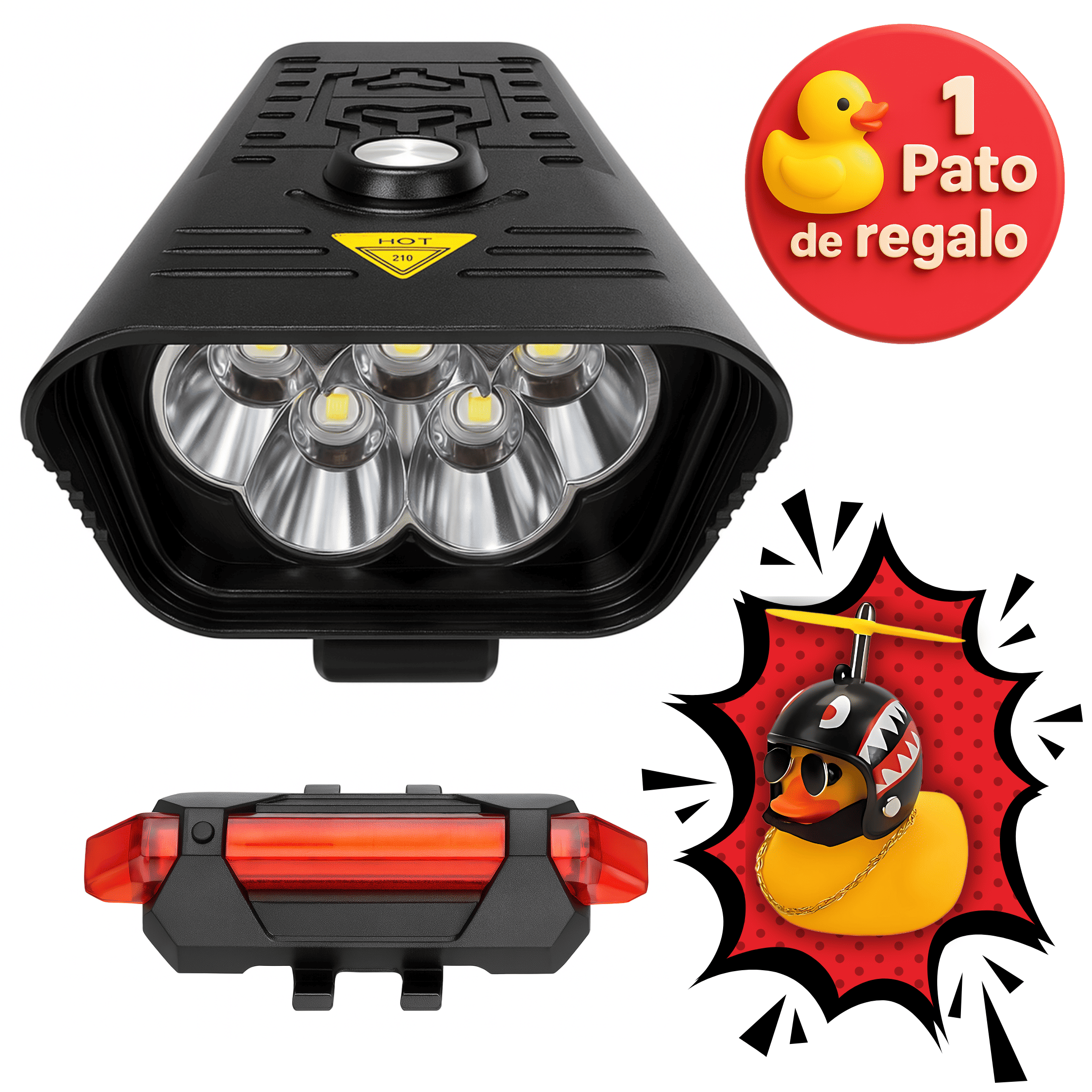 Lámpara LED Bicicleta USB Recargable con Luz Delantera y Trasera – Incluye Patito Decorativo con Casco