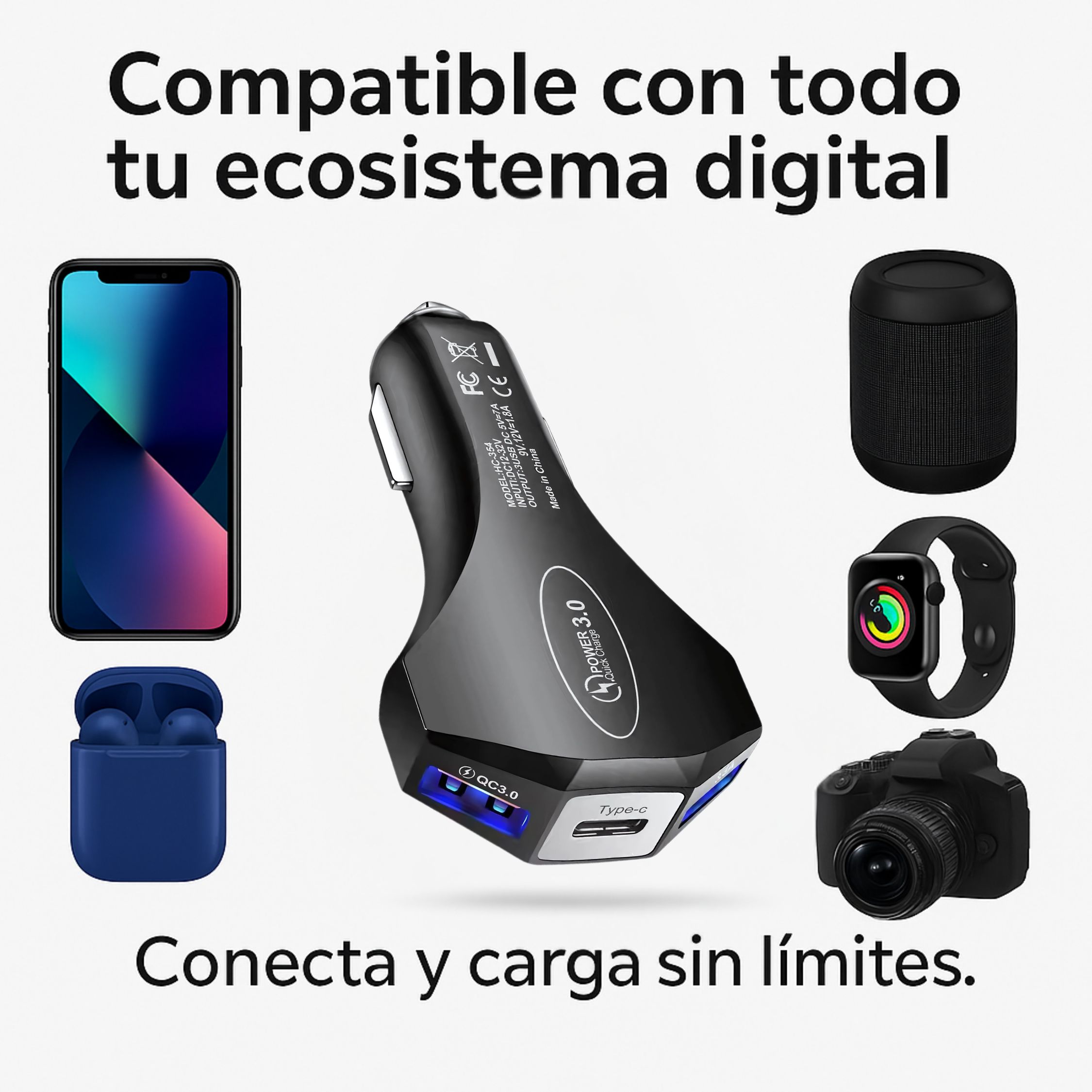 Cargador para Auto CHG-3P – Carga Rápida Turbo con 3 Salidas Tipo C, USB y Doble Toma de Corriente