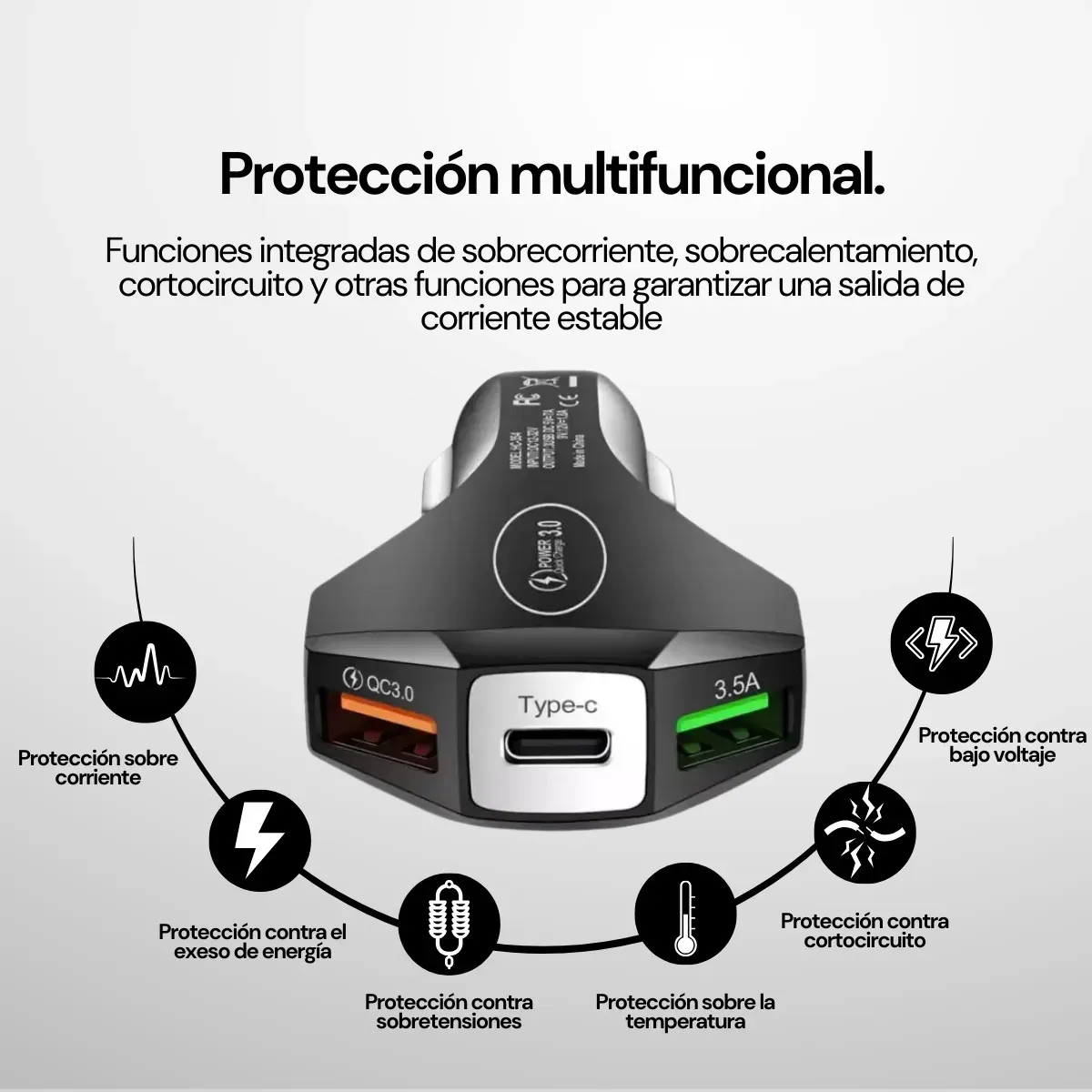 Cargador para Auto CHG-3P – Carga Rápida Turbo con 3 Salidas Tipo C, USB y Doble Toma de Corriente