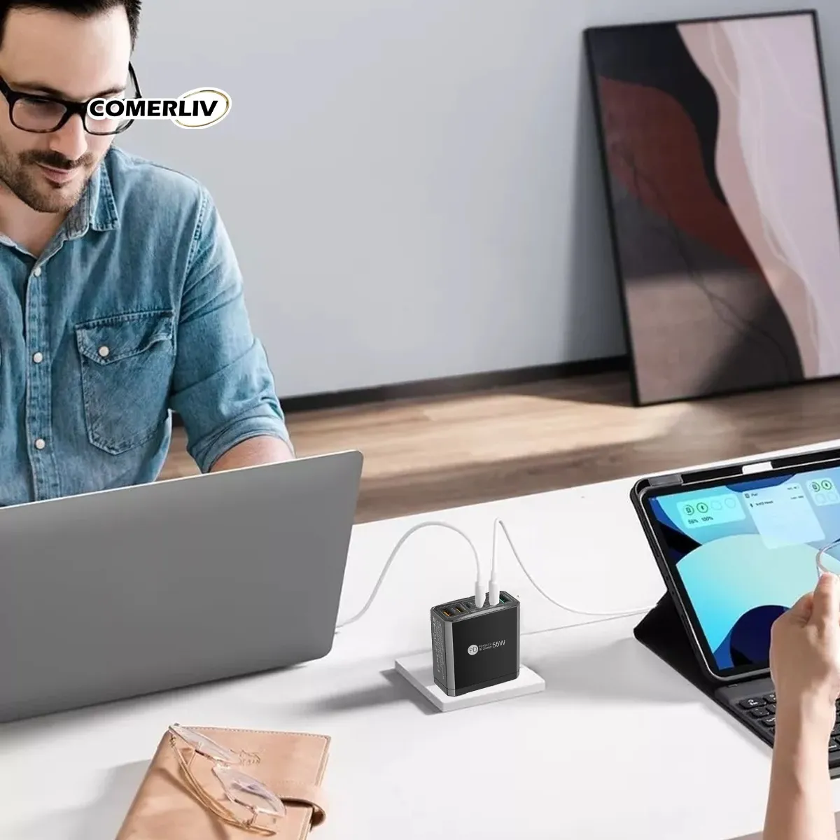 Cargador de Pared 55W con 6 Puertos Multipuerto USB-C y USB-A con Carga Rápida QC3.0 y Power Delivery