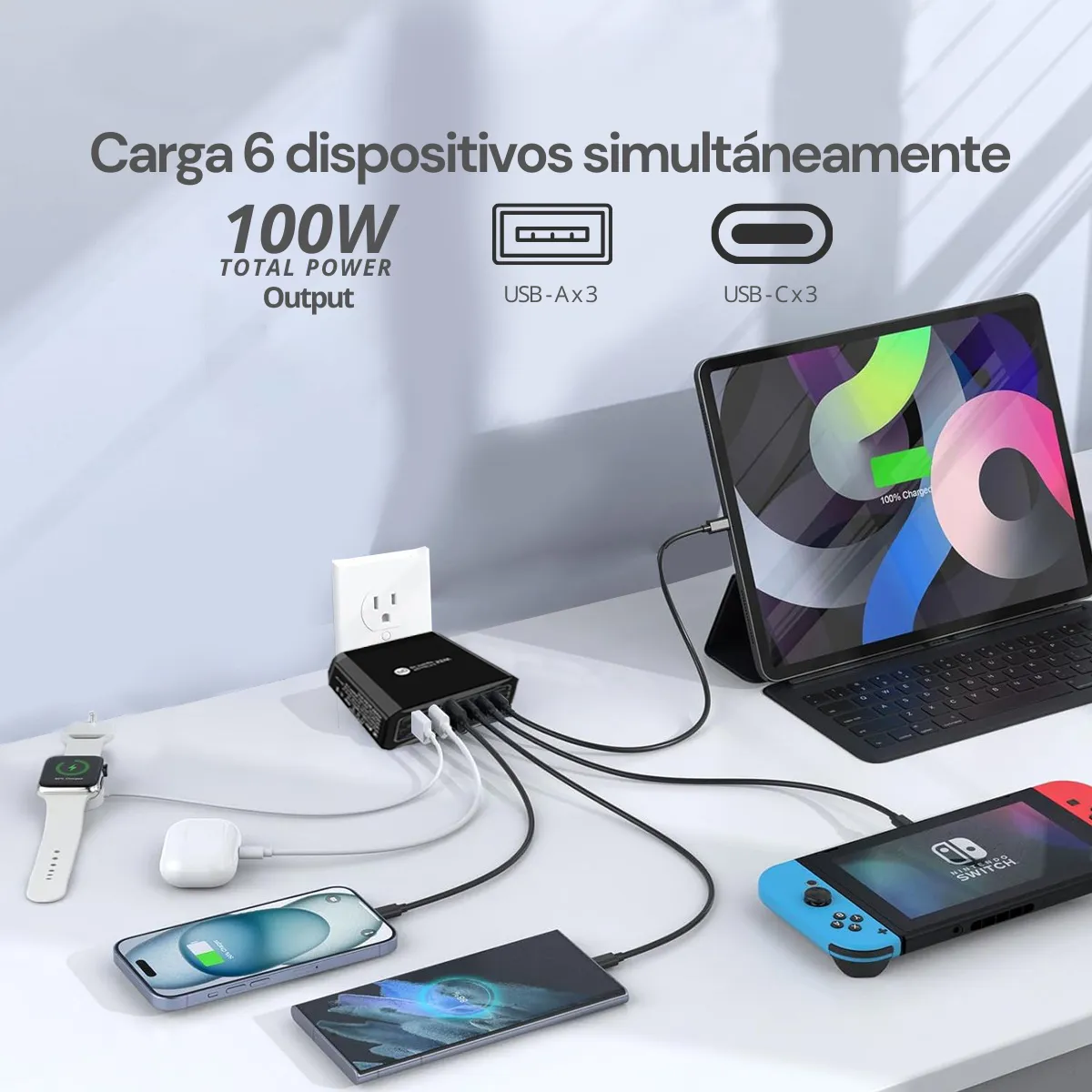 Cargador de Pared 55W con 6 Puertos Multipuerto USB-C y USB-A con Carga Rápida QC3.0 y Power Delivery