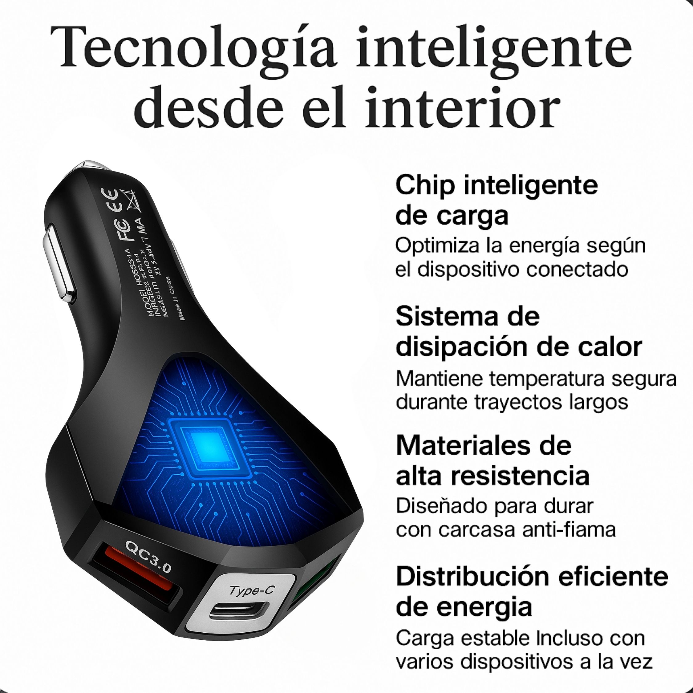 Cargador para Auto CHG-3P – Carga Rápida Turbo con 3 Salidas Tipo C, USB y Doble Toma de Corriente