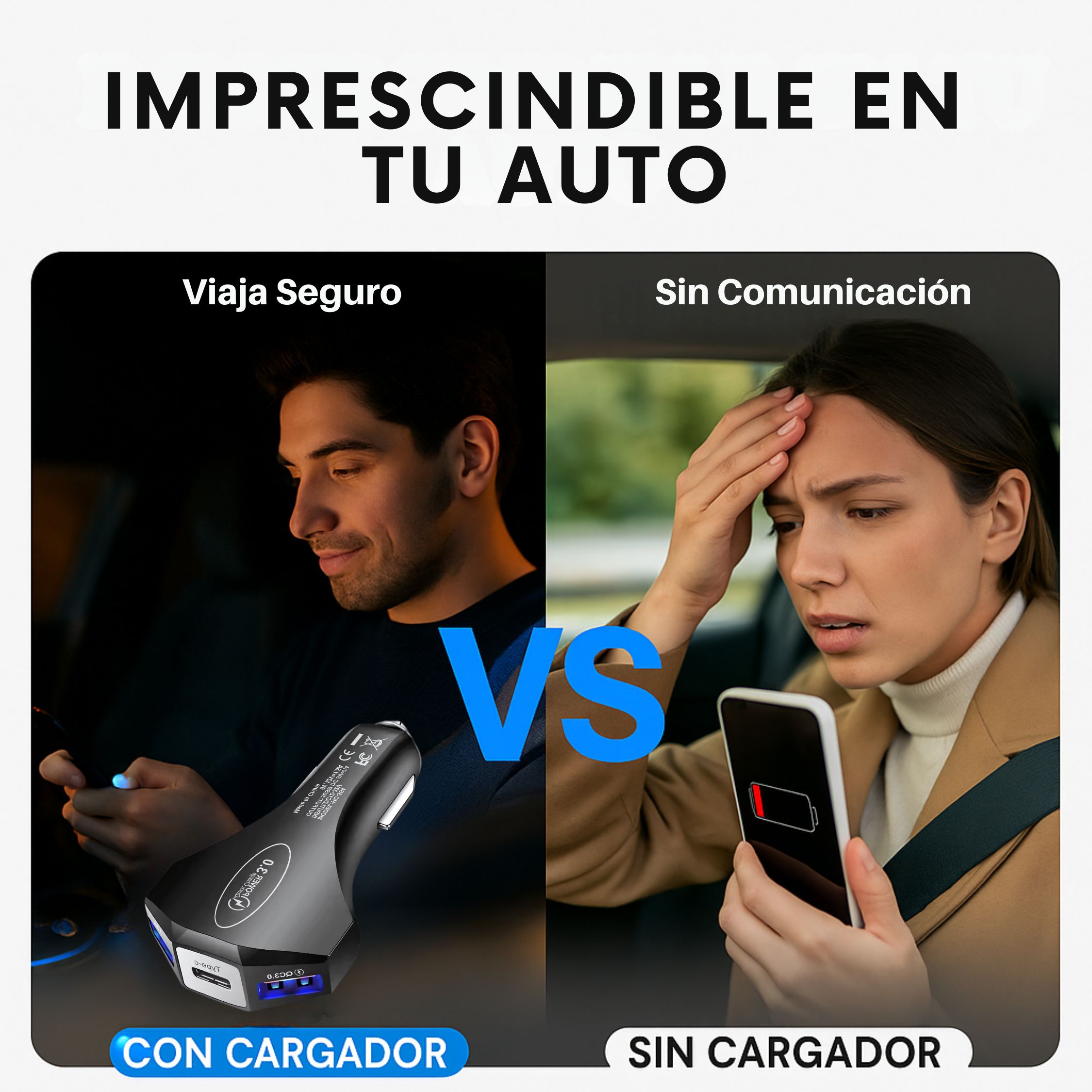 Cargador para Auto CHG-3P – Carga Rápida Turbo con 3 Salidas Tipo C, USB y Doble Toma de Corriente