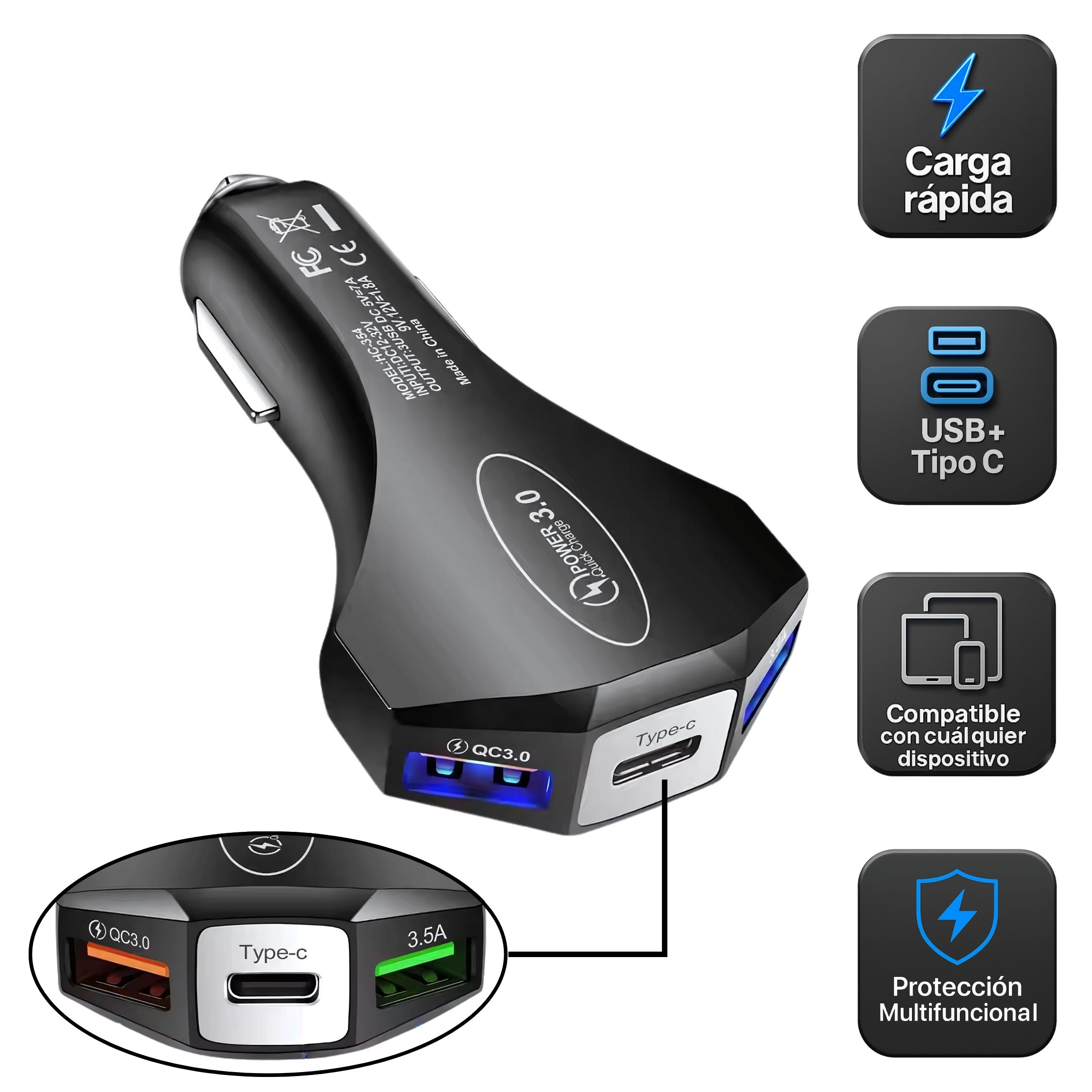 Cargador para Auto CHG-3P – Carga Rápida Turbo con 3 Salidas Tipo C, USB y Doble Toma de Corriente