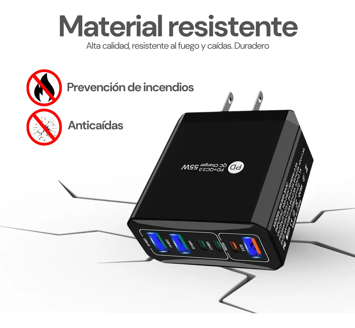 Cargador de Pared 55W con 6 Puertos Multipuerto USB-C y USB-A con Carga Rápida QC3.0 y Power Delivery
