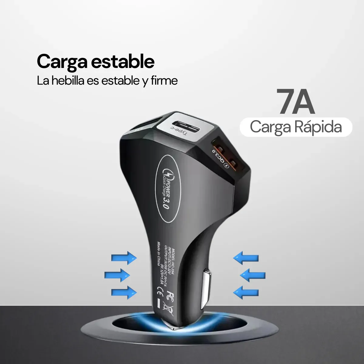 Cargador para Auto CHG-3P – Carga Rápida Turbo con 3 Salidas Tipo C, USB y Doble Toma de Corriente