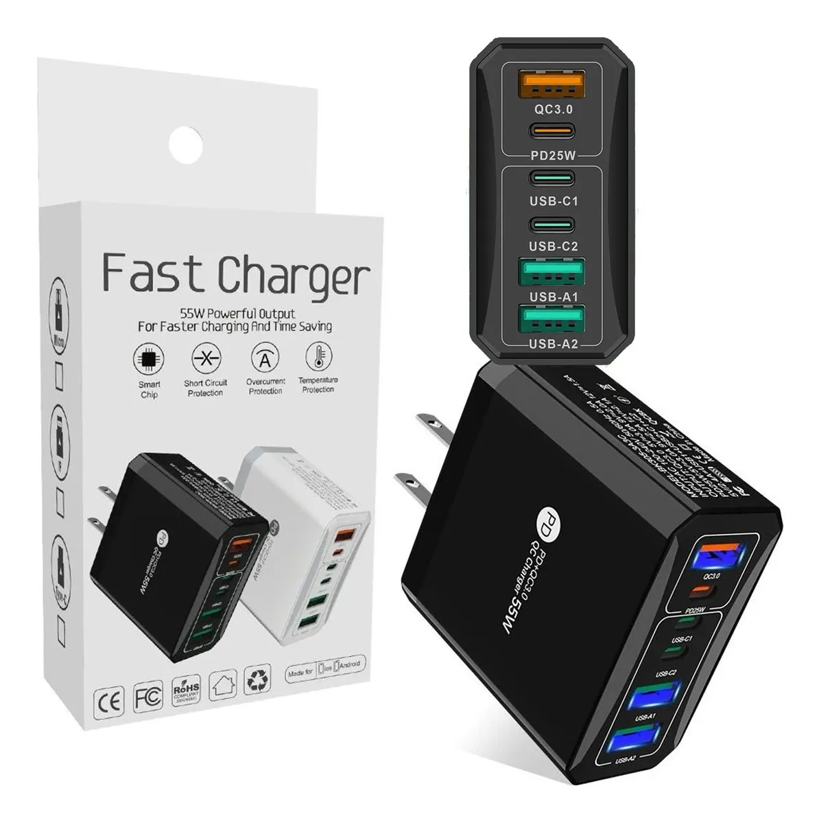 Cargador de Pared 55W con 6 Puertos Multipuerto USB-C y USB-A con Carga Rápida QC3.0 y Power Delivery