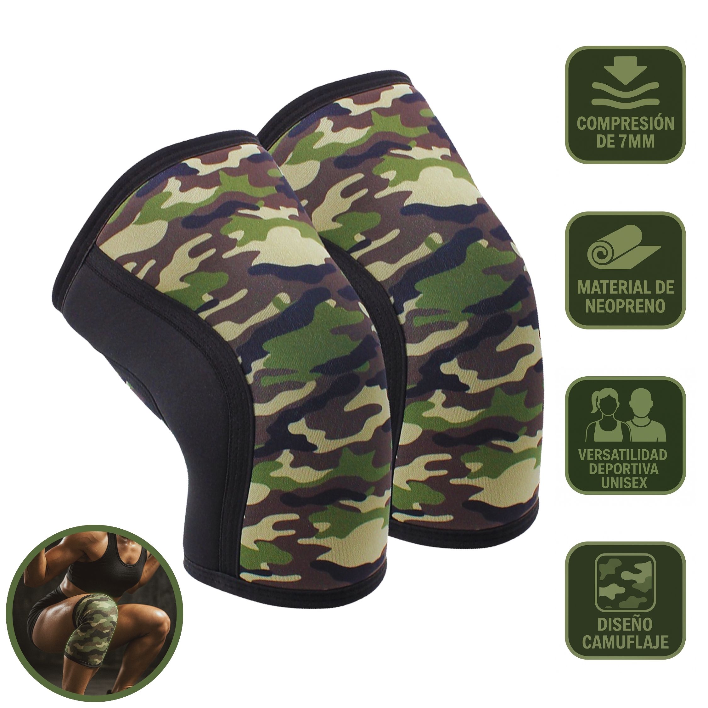 Rodillera De Neopreno 7mm Unisex Para Deporte y Entrenamiento Intenso Diseño Camuflaje Talla M