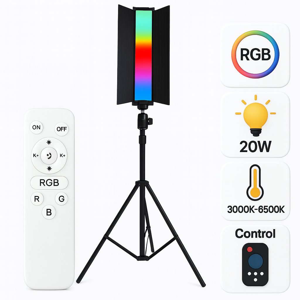 Lámpara De Luz Led Profesional RGB Recargable de Luz y Colores Ajustables con Control Remoto y Trípode 2.1M