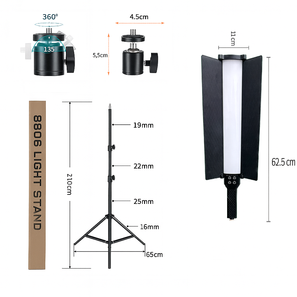 Lámpara De Luz Led Profesional RGB Recargable de Luz y Colores Ajustables con Control Remoto y Trípode 2.1M