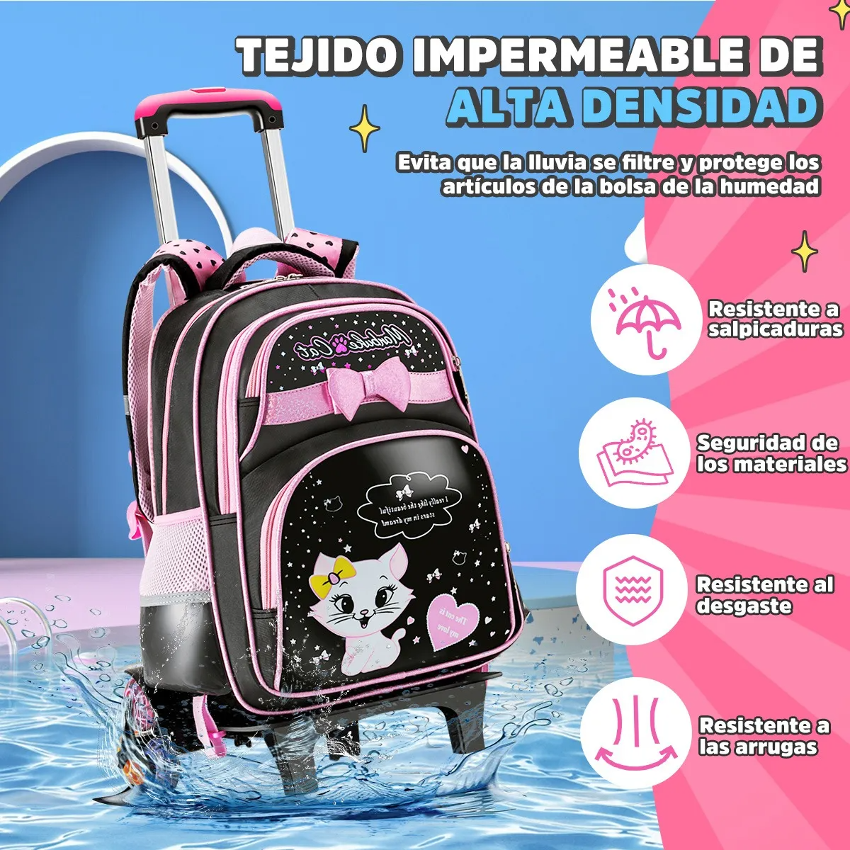 Mochila Escolares Con 6 Ruedas Carrito, Set 3 Mochila Con Lonchera Y Lapicera, Mochila Escolar Lindo Para 3 A 18 Niñas, 