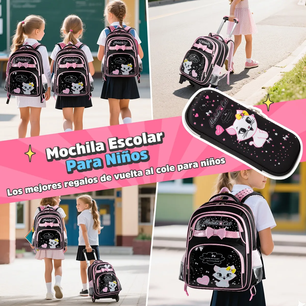 Mochila Escolares Con 6 Ruedas Carrito, Set 3 Mochila Con Lonchera Y Lapicera, Mochila Escolar Lindo Para 3 A 18 Niñas, 
