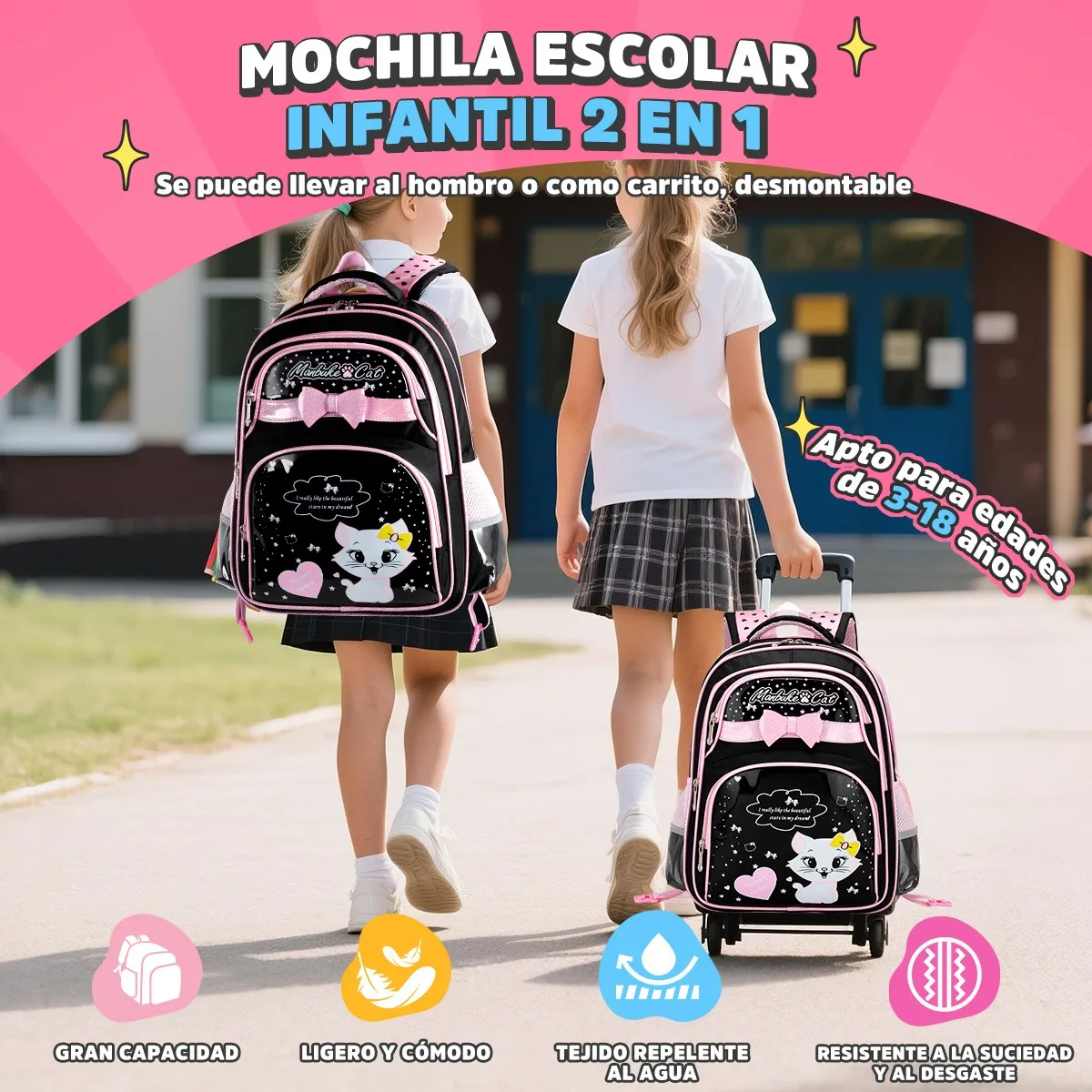 Mochila Escolares Con 6 Ruedas Carrito, Set 3 Mochila Con Lonchera Y Lapicera, Mochila Escolar Lindo Para 3 A 18 Niñas, 