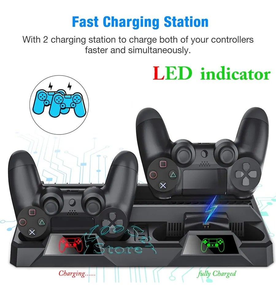 Base Vertical Enfriadora Cargador Controles Ps4 Slim Y Pro