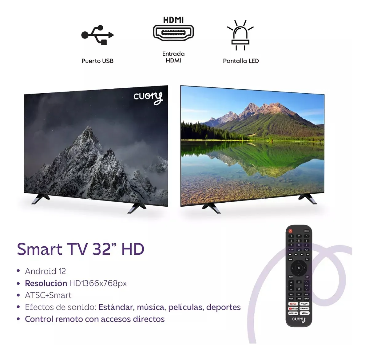 Smart TV pantalla 32 pulgadas Cuory Android TV DLED HD Bluetooth Dolby Audio
