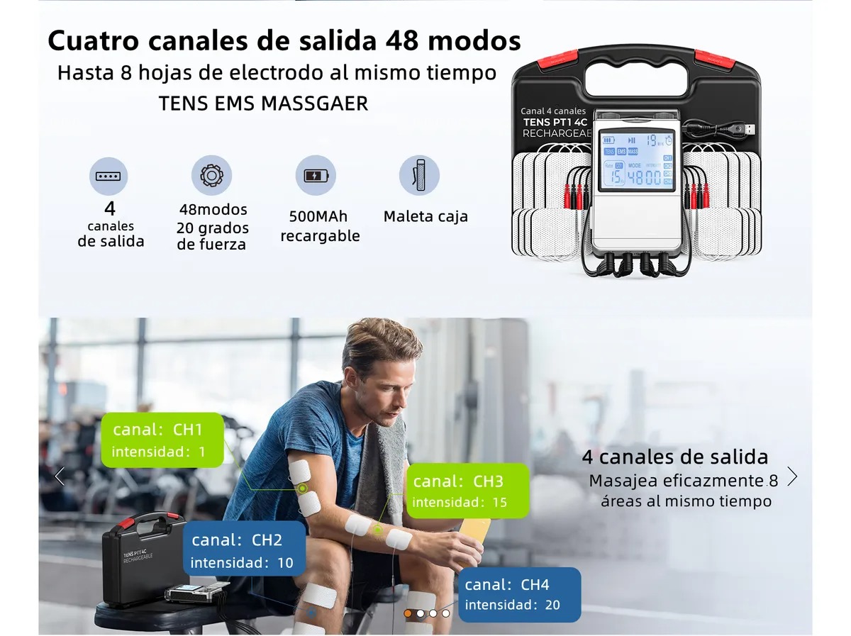 Tens/ems Electroestimulador Muscular 4 Canales 48 Modos 8pad