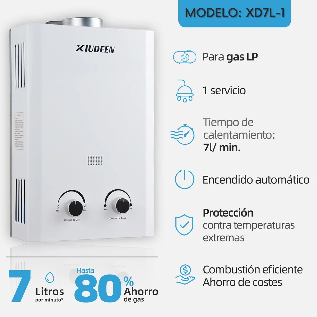 Calentador De Agua Instantáneo Boiler De Paso Gas Lp Capacidad De 7l Para 1 Servicio XIUDEEN
