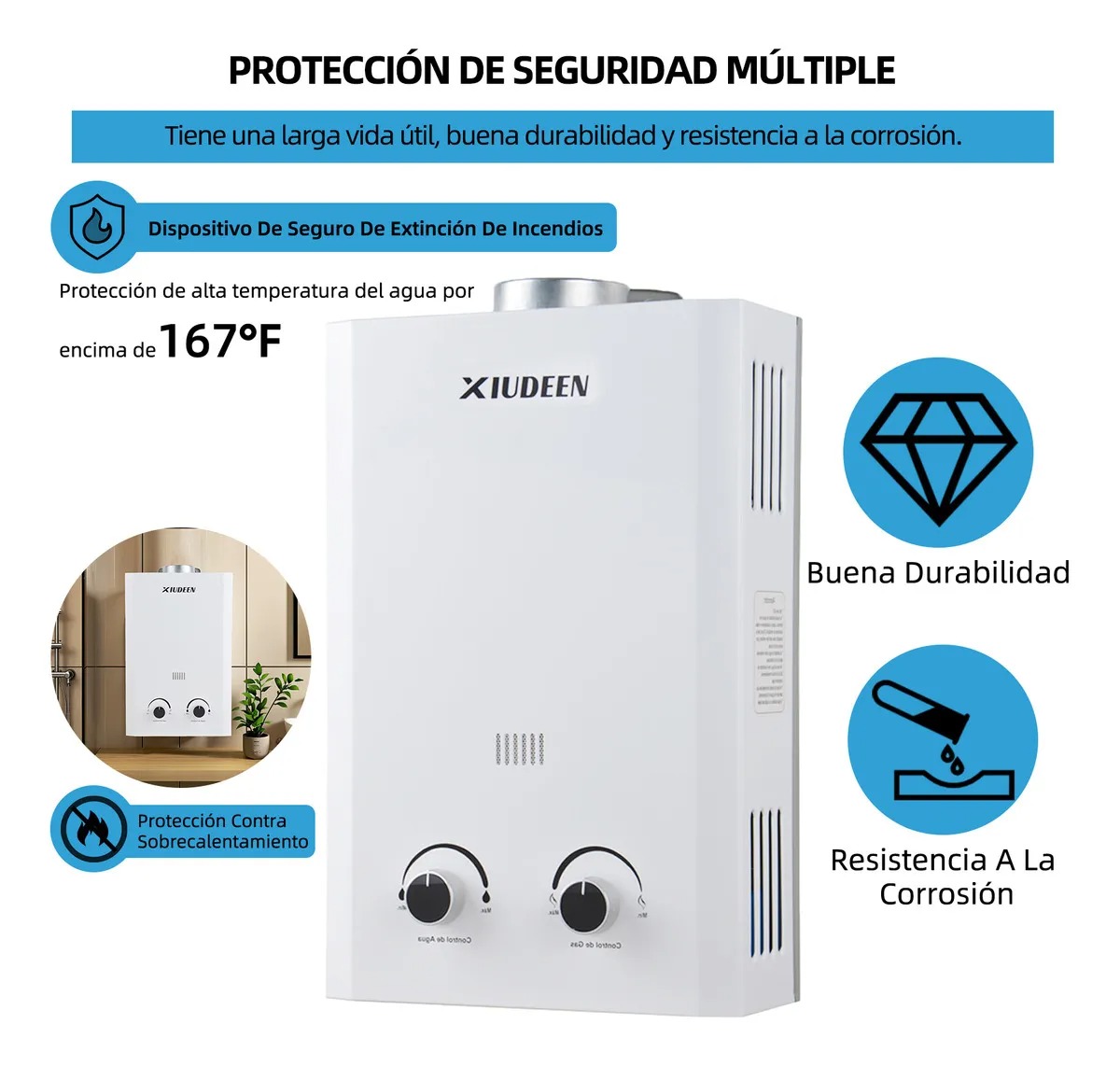 Calentador De Agua Instantáneo Boiler De Paso Gas Lp Capacidad De 7l Para 1 Servicio XIUDEEN