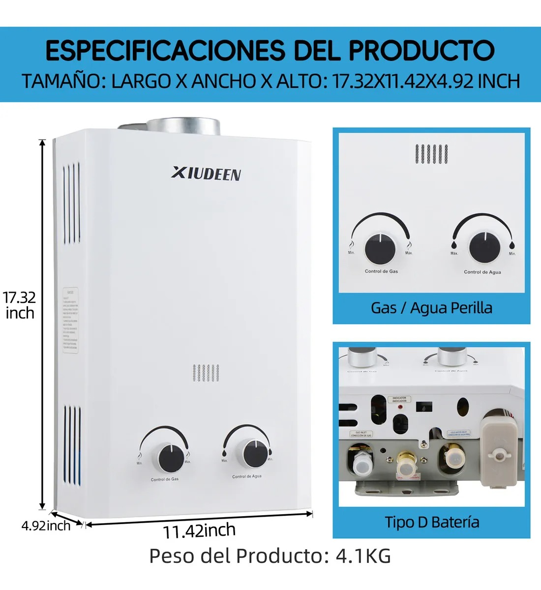Calentador De Agua Instantáneo Boiler De Paso Gas Lp Capacidad De 7l Para 1 Servicio XIUDEEN