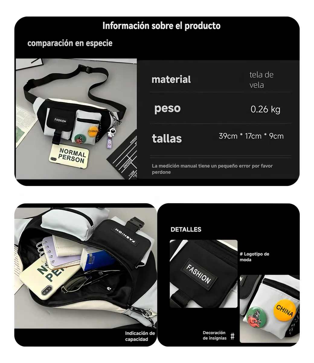 Cangurera Mujer Hombre Riñonera Bandolera Moda Multicolor NEGRO