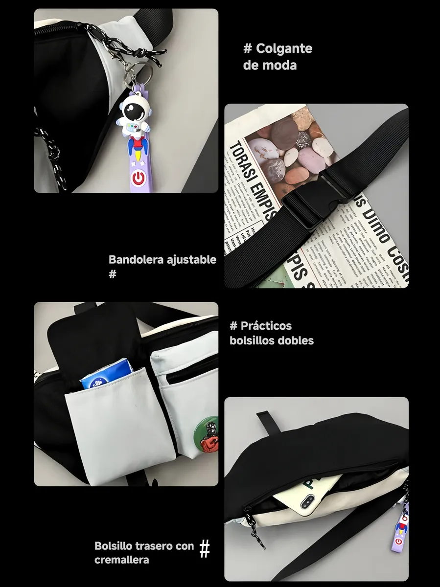 Cangurera Mujer Hombre Riñonera Bandolera Moda Multicolor NEGRO
