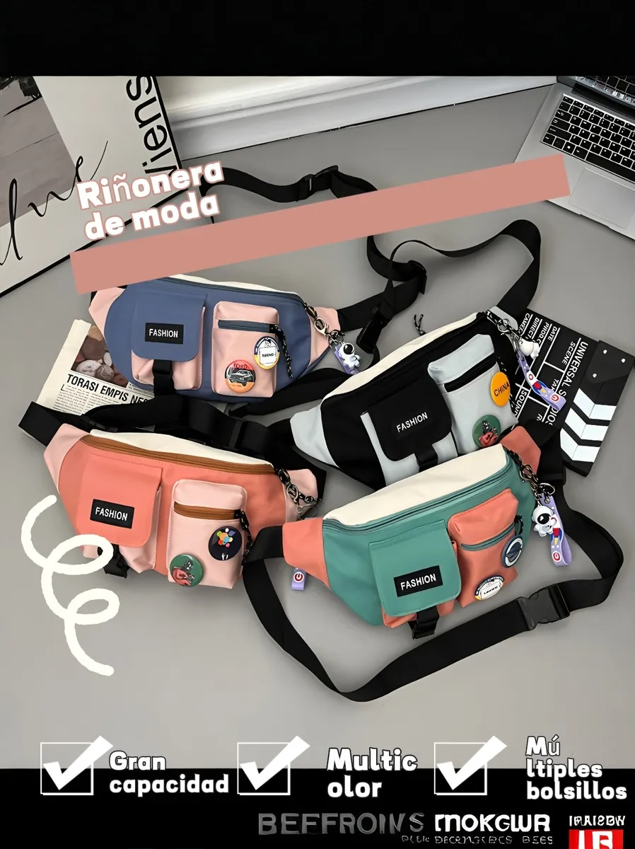 Cangurera Mujer Hombre Riñonera Bandolera Moda Multicolor NEGRO