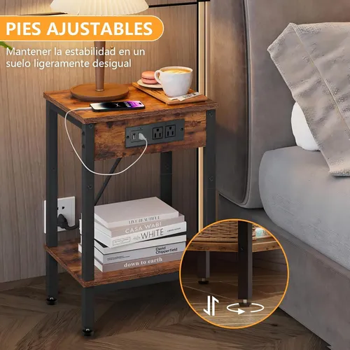 Burós Mesillas de Noche juego de 2 con 2 USB y 2 CA - Burós Modernos Madera Flameada para Dormitorio o Sala, 