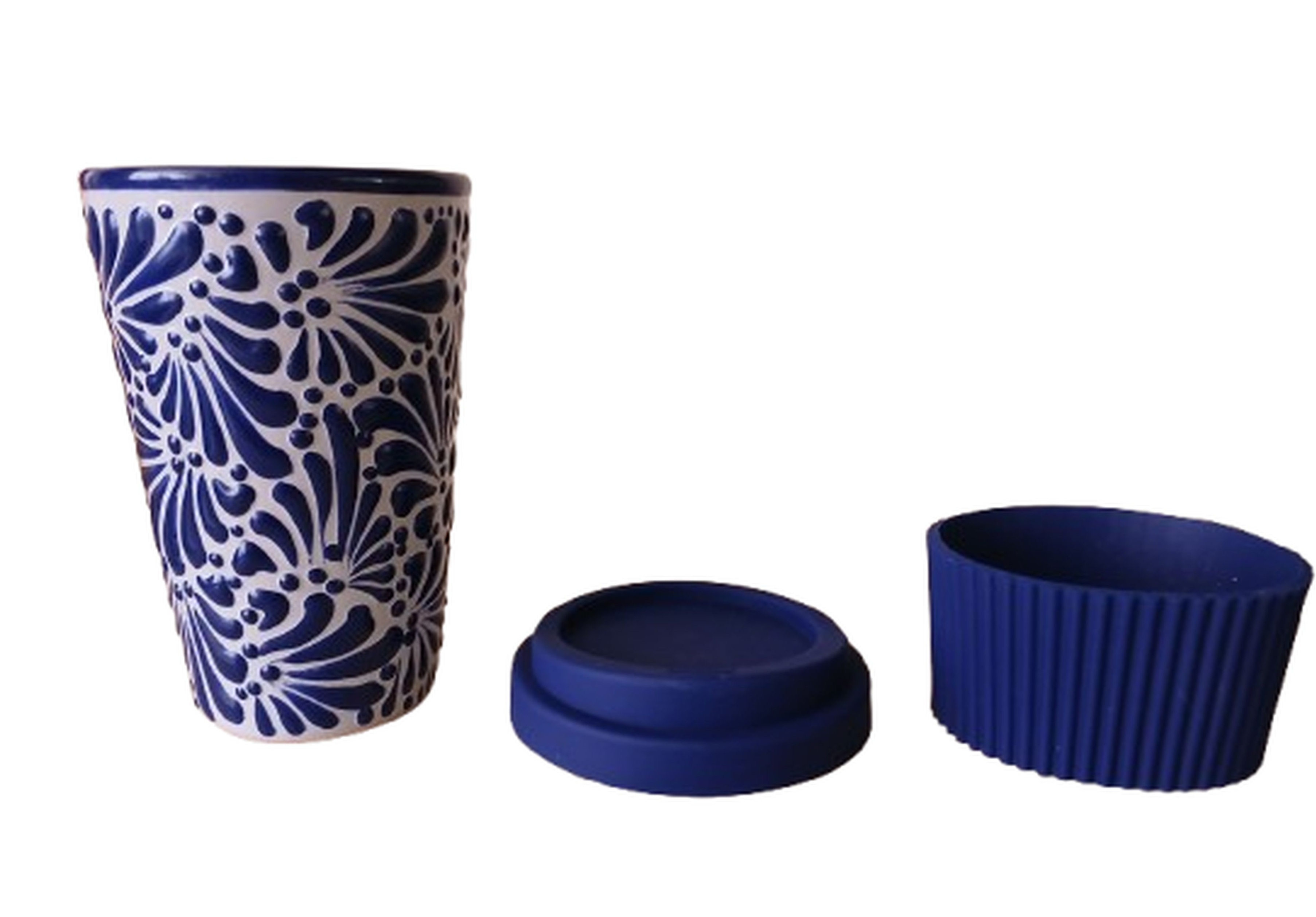 Vaso de Cerámica Talavera Poblana con Tapa y Banda de Silicona – Diseño Floral, 350 ml