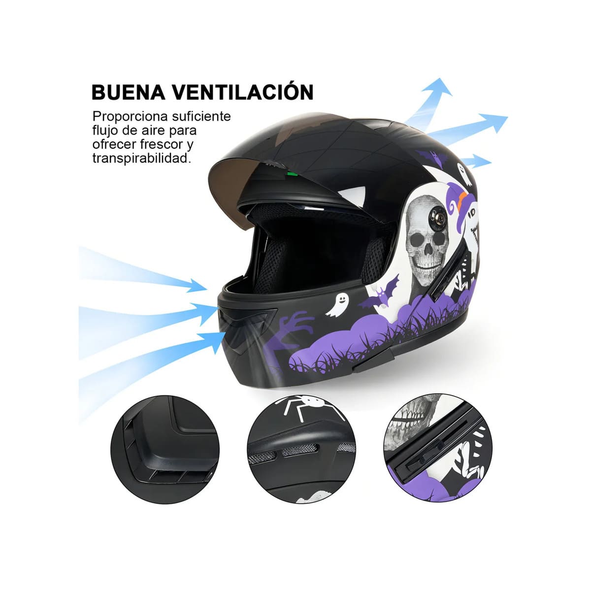 Casco Sleek Para Moto Abatible Certificado talla L (59-60 cm) VIOLETA NEGRO Halloween